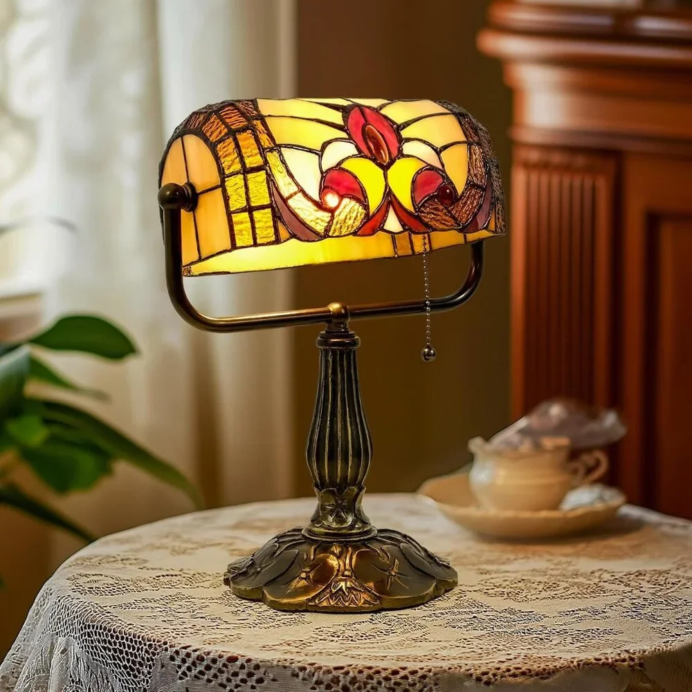 Tiffany Style Bankers Lamp - Stained Glass Desk Lamps with Baroque Design & Pull - Picture 1 of 7
